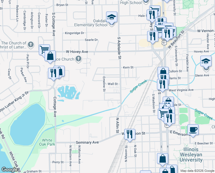 map of restaurants, bars, coffee shops, grocery stores, and more near 1209 Wall Street in Normal