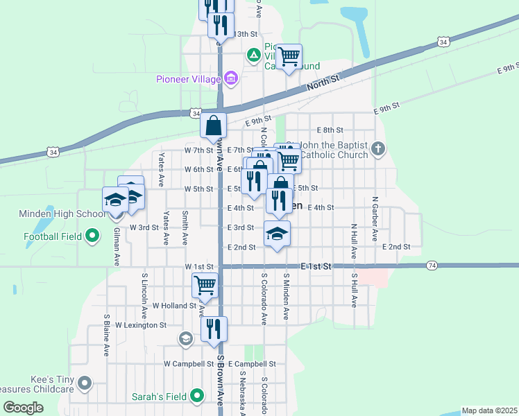 map of restaurants, bars, coffee shops, grocery stores, and more near 234 East 4th Street in Minden