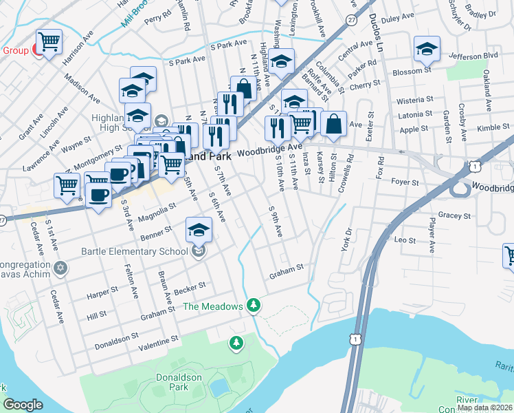 map of restaurants, bars, coffee shops, grocery stores, and more near 221 South 8th Avenue in Highland Park