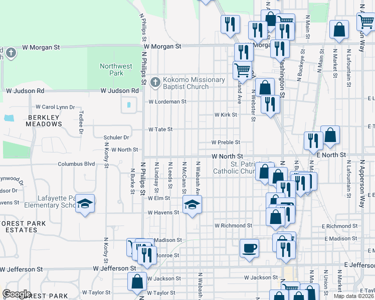 map of restaurants, bars, coffee shops, grocery stores, and more near 1310 North McCann Street in Kokomo