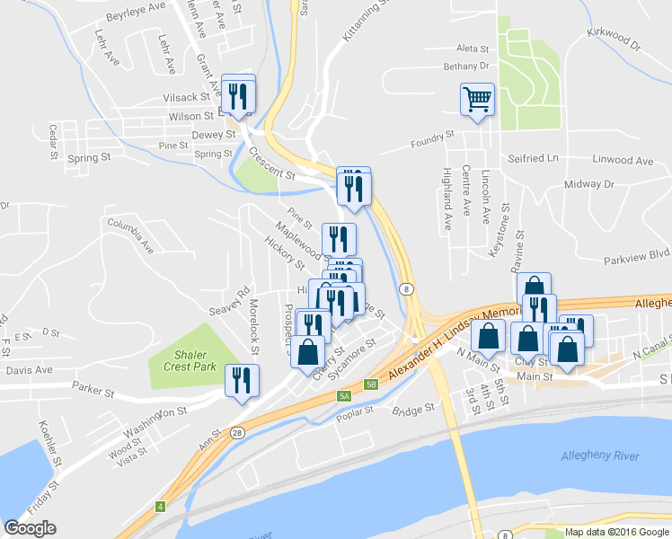 map of restaurants, bars, coffee shops, grocery stores, and more near 419 Butler Street in Pittsburgh