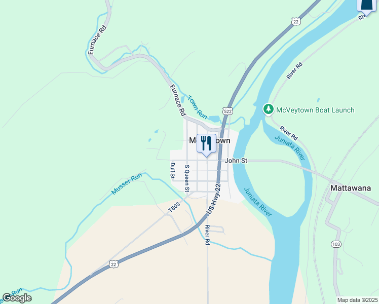map of restaurants, bars, coffee shops, grocery stores, and more near 6 North Queen Street in McVeytown
