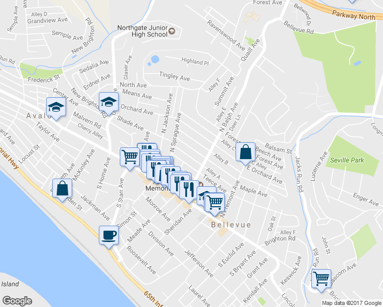 map of restaurants, bars, coffee shops, grocery stores, and more near 535 Dawson Avenue in Pittsburgh