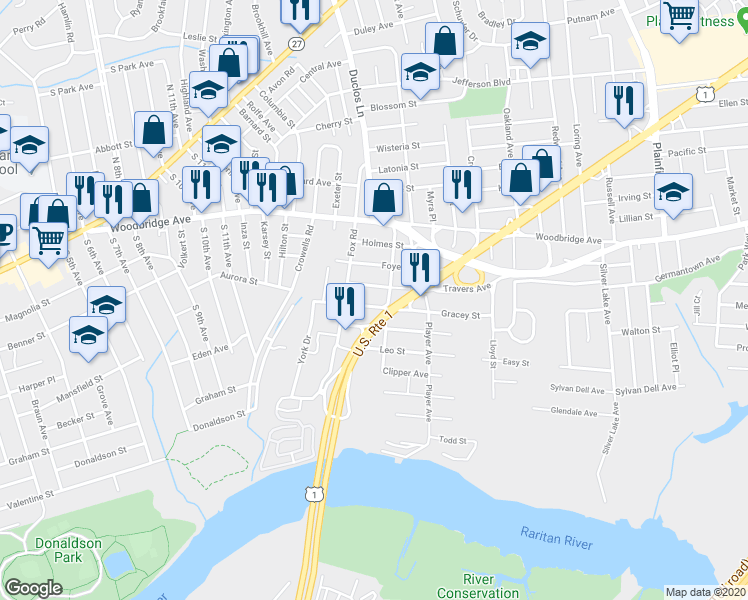 map of restaurants, bars, coffee shops, grocery stores, and more near 53 Edmund Street in Edison