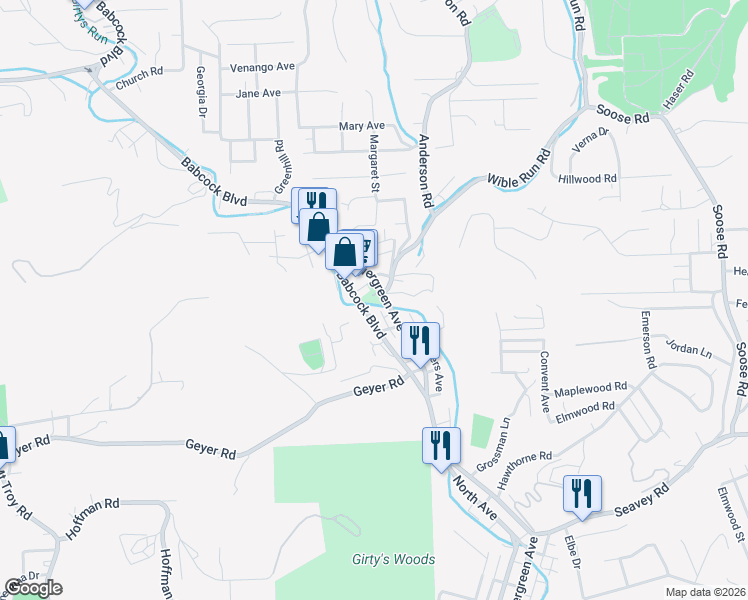 map of restaurants, bars, coffee shops, grocery stores, and more near 1597 Babcock Boulevard in Pittsburgh
