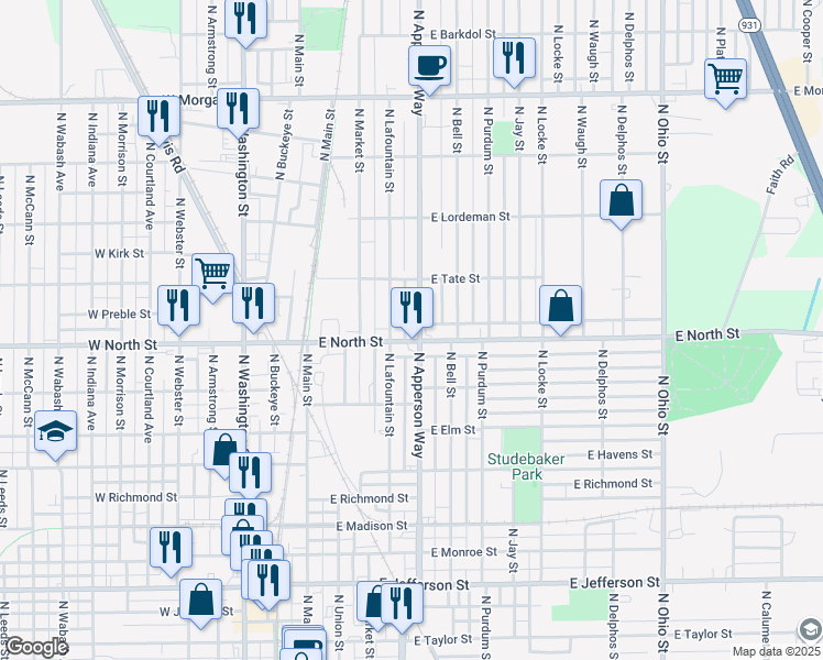 map of restaurants, bars, coffee shops, grocery stores, and more near 1309 N Apperson Way in Kokomo