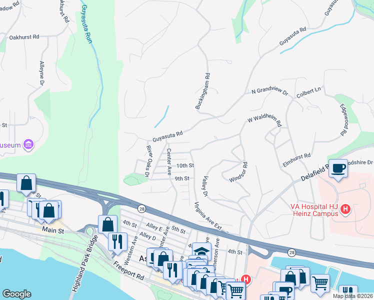 map of restaurants, bars, coffee shops, grocery stores, and more near 219 11th Street in Aspinwall