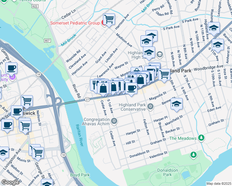 map of restaurants, bars, coffee shops, grocery stores, and more near 125 Raritan Avenue in Highland Park