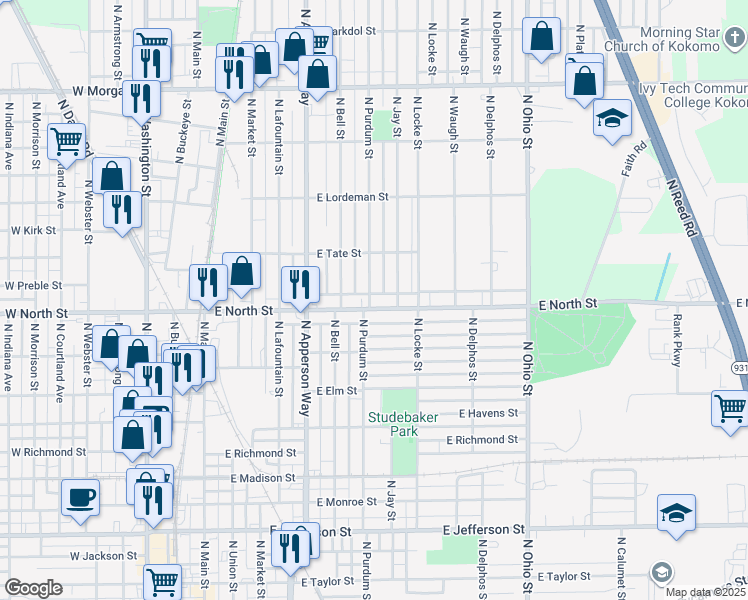 map of restaurants, bars, coffee shops, grocery stores, and more near 700 East North Street in Kokomo