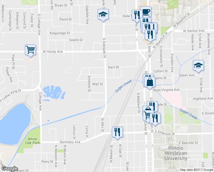 map of restaurants, bars, coffee shops, grocery stores, and more near 1204 South Adelaide Street in Normal