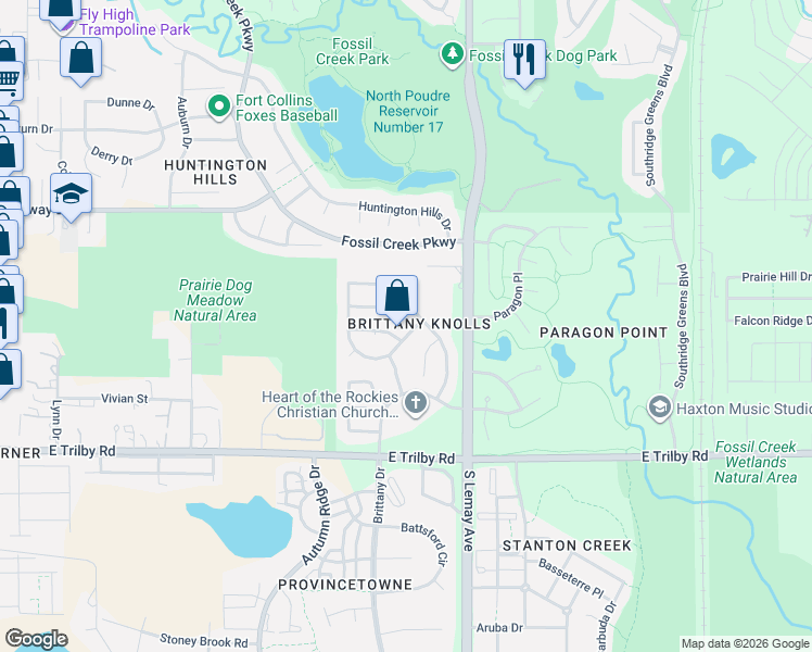 map of restaurants, bars, coffee shops, grocery stores, and more near 6300 Victoria Road in Fort Collins