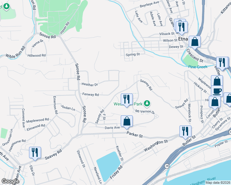 map of restaurants, bars, coffee shops, grocery stores, and more near 96 Fenway Road in Pittsburgh