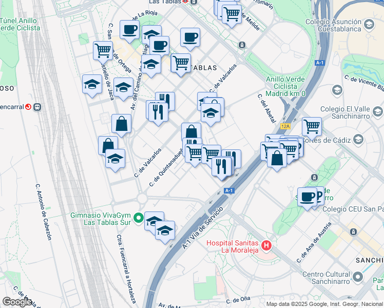 map of restaurants, bars, coffee shops, grocery stores, and more near 21 Calle Quintanavides in Madrid
