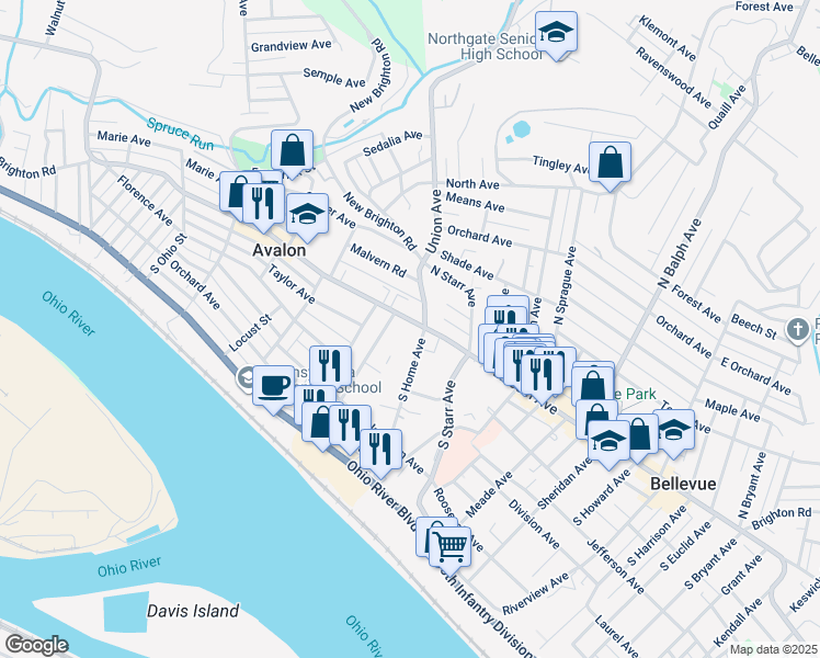 map of restaurants, bars, coffee shops, grocery stores, and more near 936-938 California Avenue in Avalon