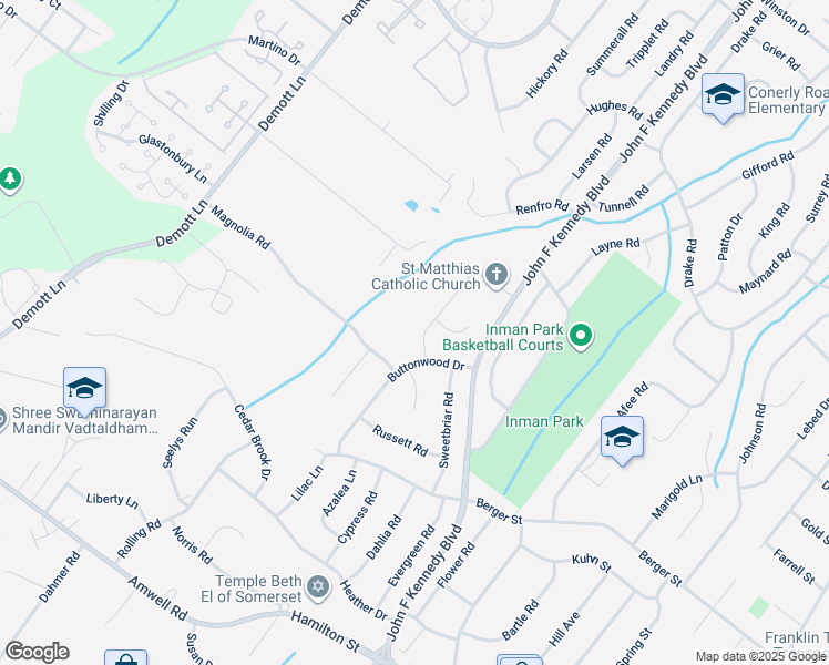 map of restaurants, bars, coffee shops, grocery stores, and more near 7 Overbrook Road in Franklin Township