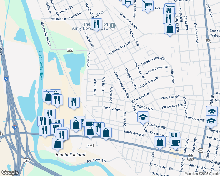 map of restaurants, bars, coffee shops, grocery stores, and more near 614 10th Drive Northwest in New Philadelphia