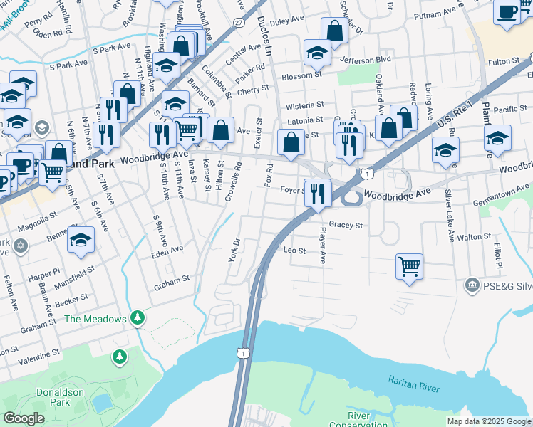 map of restaurants, bars, coffee shops, grocery stores, and more near 31 Fox Road in Edison