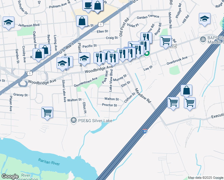 map of restaurants, bars, coffee shops, grocery stores, and more near 67 Lake View Boulevard in Edison