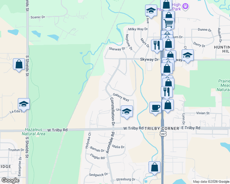 map of restaurants, bars, coffee shops, grocery stores, and more near 416 Galaxy Way in Fort Collins