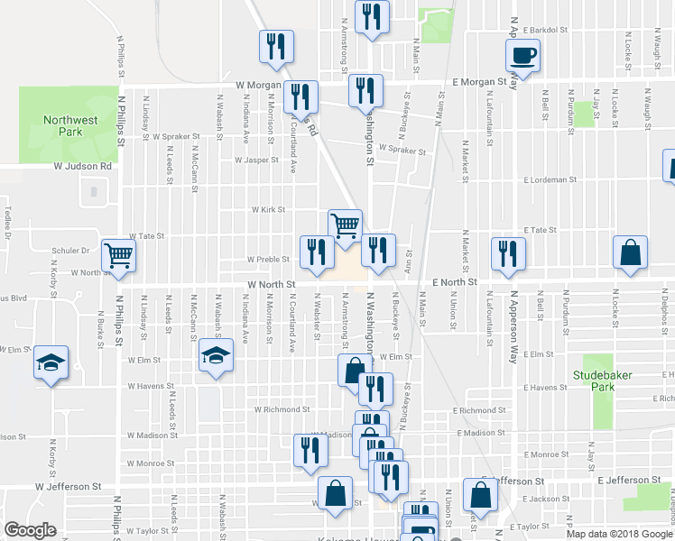 map of restaurants, bars, coffee shops, grocery stores, and more near 705 North Kokomo Street in Kokomo