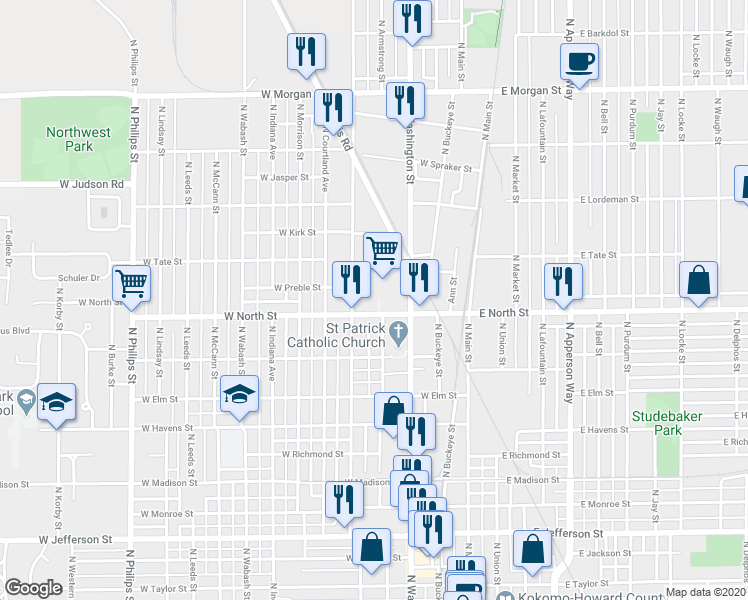 map of restaurants, bars, coffee shops, grocery stores, and more near 1024 North Kokomo Street in Kokomo