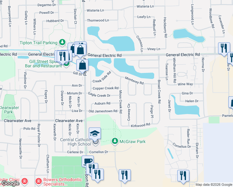 map of restaurants, bars, coffee shops, grocery stores, and more near 3130 Eagle Creek Drive in Bloomington