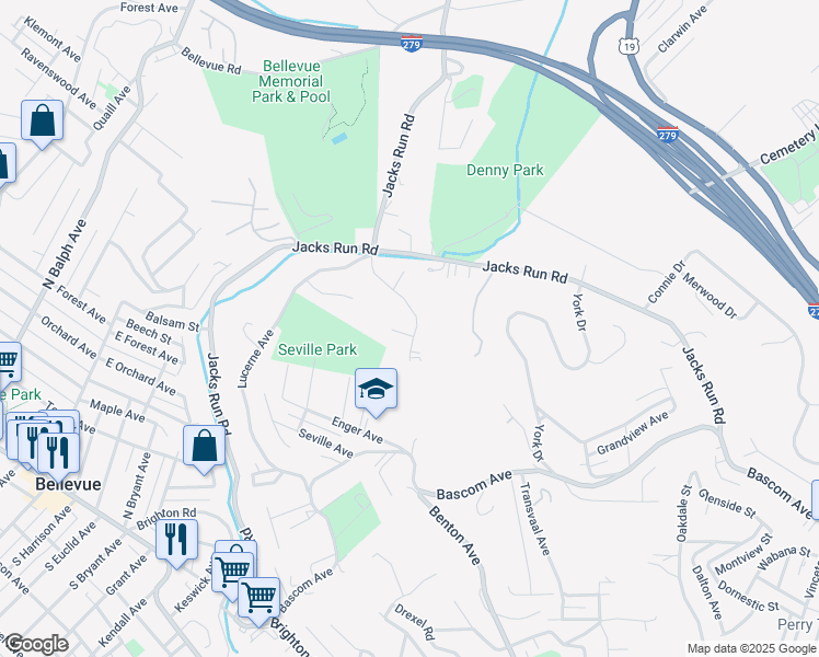 map of restaurants, bars, coffee shops, grocery stores, and more near 128 Longmount Drive in Pittsburgh