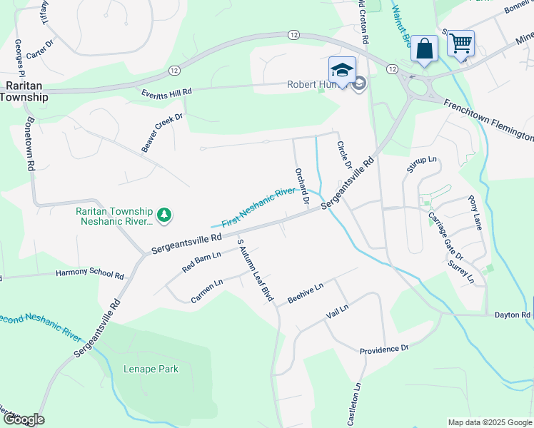 map of restaurants, bars, coffee shops, grocery stores, and more near 48 Sergeantsville Road in Flemington