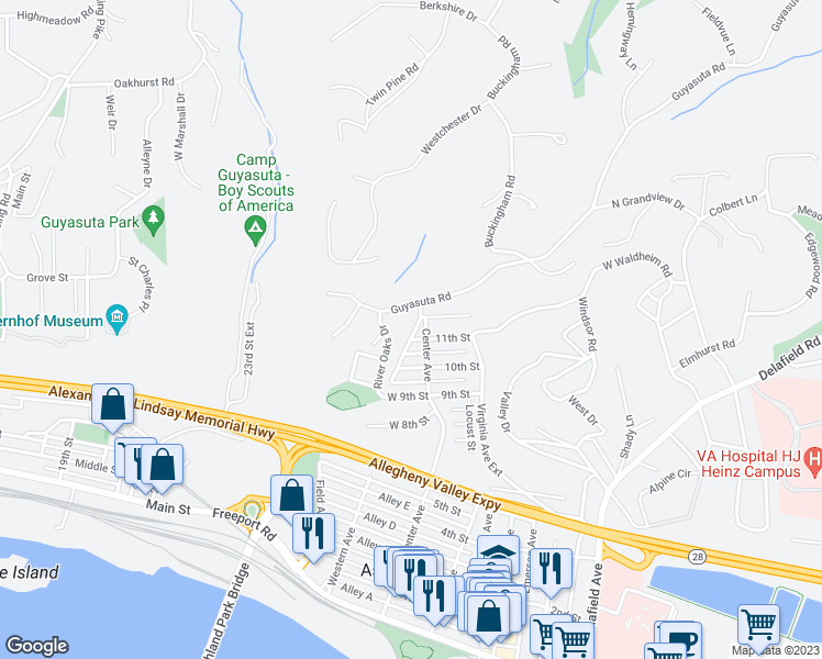 map of restaurants, bars, coffee shops, grocery stores, and more near 1102 River Oaks Drive in Aspinwall