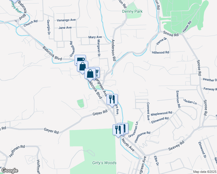 map of restaurants, bars, coffee shops, grocery stores, and more near 1540 Evergreen Road in Pittsburgh