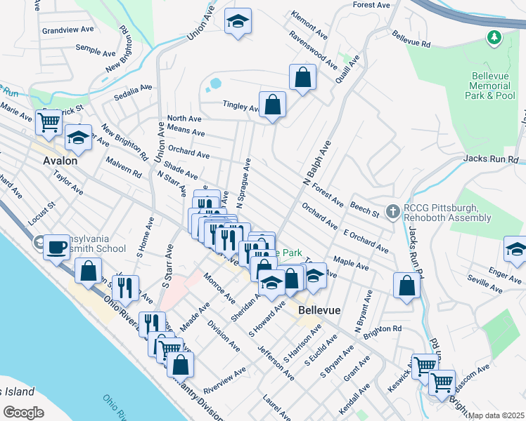 map of restaurants, bars, coffee shops, grocery stores, and more near 535 Dawson Avenue in Pittsburgh