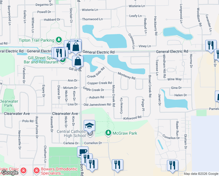 map of restaurants, bars, coffee shops, grocery stores, and more near 3130 Eagle Creek Drive in Bloomington