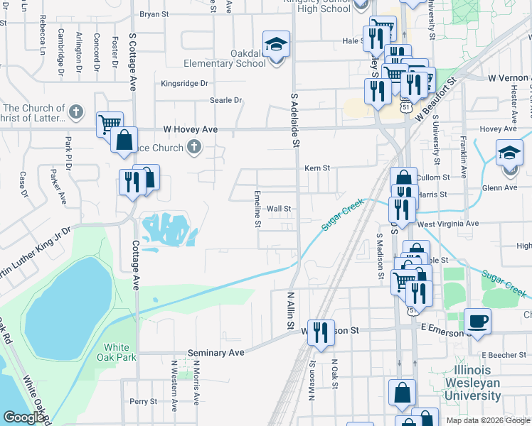 map of restaurants, bars, coffee shops, grocery stores, and more near 1209 Wall Street in Normal