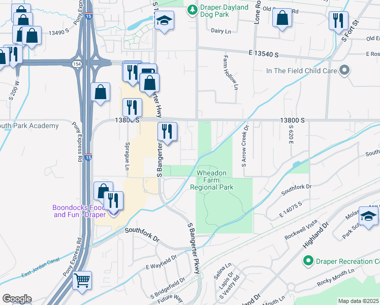 map of restaurants, bars, coffee shops, grocery stores, and more near 13888 Wheadon Court in Draper