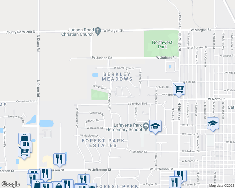 map of restaurants, bars, coffee shops, grocery stores, and more near 1814 Kensington on Berkley in Kokomo