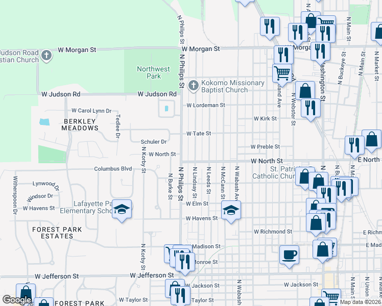 map of restaurants, bars, coffee shops, grocery stores, and more near 1313 North Lindsay Street in Kokomo