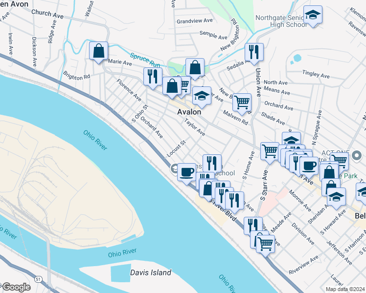 map of restaurants, bars, coffee shops, grocery stores, and more near 218 Locust Street in Avalon