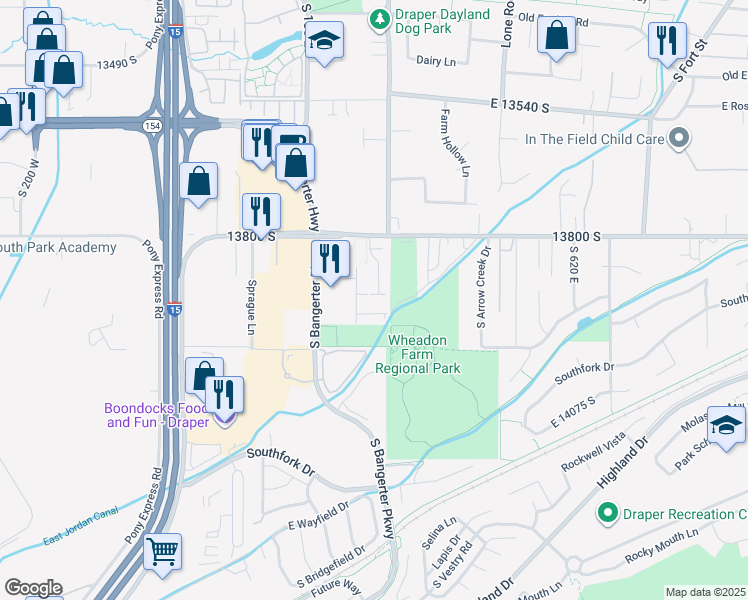 map of restaurants, bars, coffee shops, grocery stores, and more near 13888 Wheadon Court in Draper