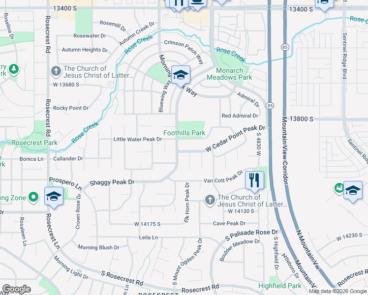 map of restaurants, bars, coffee shops, grocery stores, and more near 5106 West Cedar Point Peak Drive in Riverton