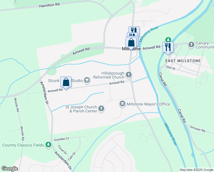map of restaurants, bars, coffee shops, grocery stores, and more near 48 Amwell Road in Millstone