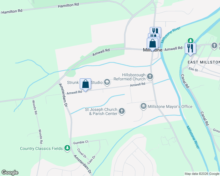 map of restaurants, bars, coffee shops, grocery stores, and more near 82 Amwell Road in Hillsborough Township