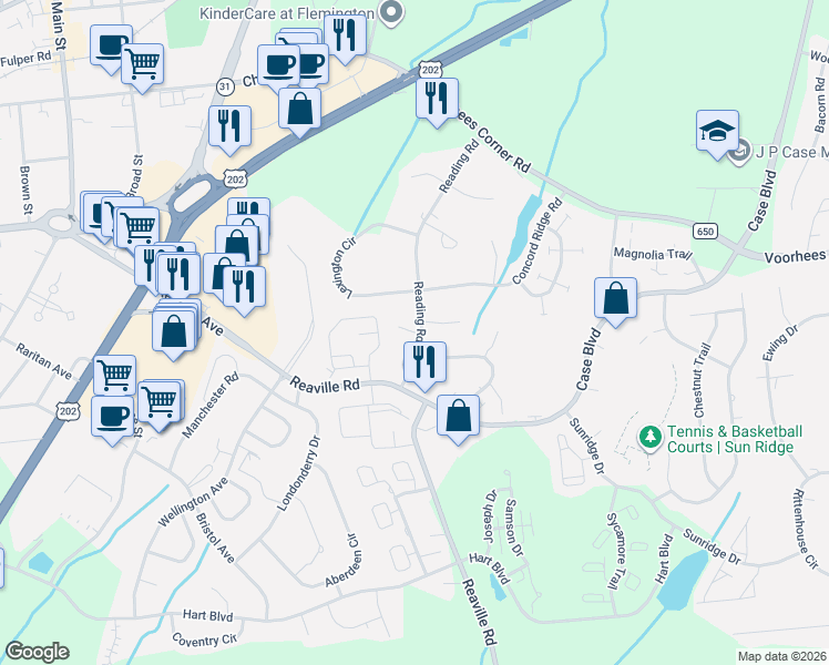 map of restaurants, bars, coffee shops, grocery stores, and more near 3 Witzling Court in Flemington