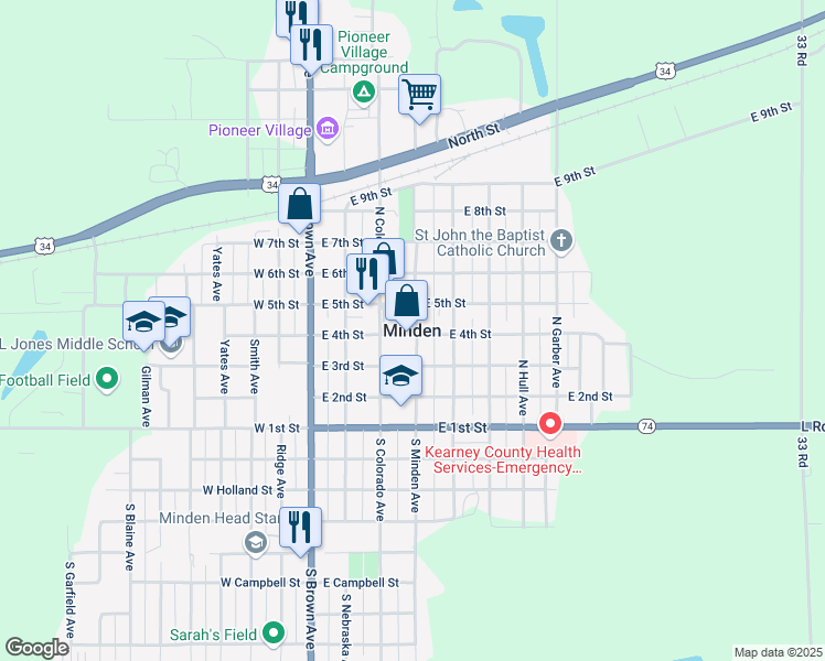 map of restaurants, bars, coffee shops, grocery stores, and more near in Minden