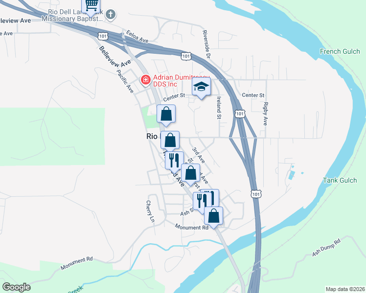 map of restaurants, bars, coffee shops, grocery stores, and more near 554 2nd Avenue in Rio Dell