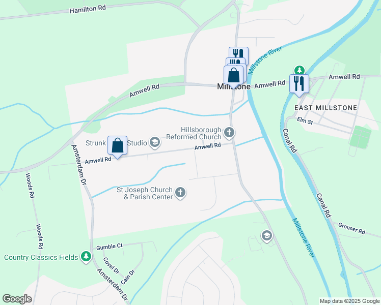 map of restaurants, bars, coffee shops, grocery stores, and more near 48 Amwell Road in Millstone