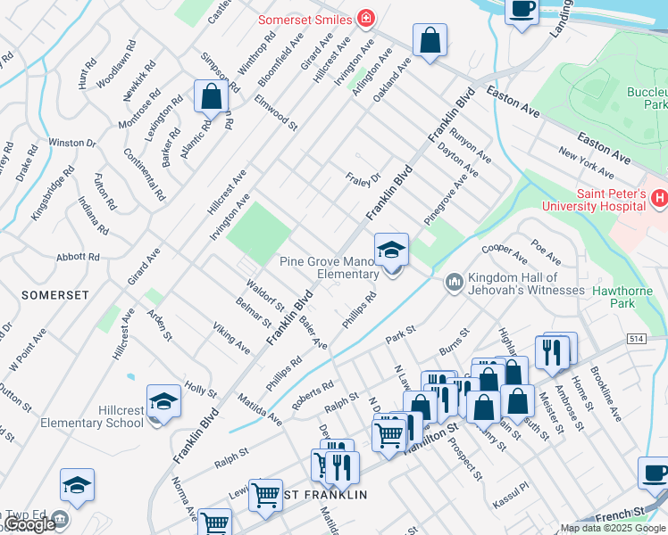 map of restaurants, bars, coffee shops, grocery stores, and more near 245 Franklin Boulevard in Franklin Township