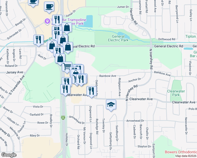map of restaurants, bars, coffee shops, grocery stores, and more near 1509 Oakbrook Drive in Bloomington