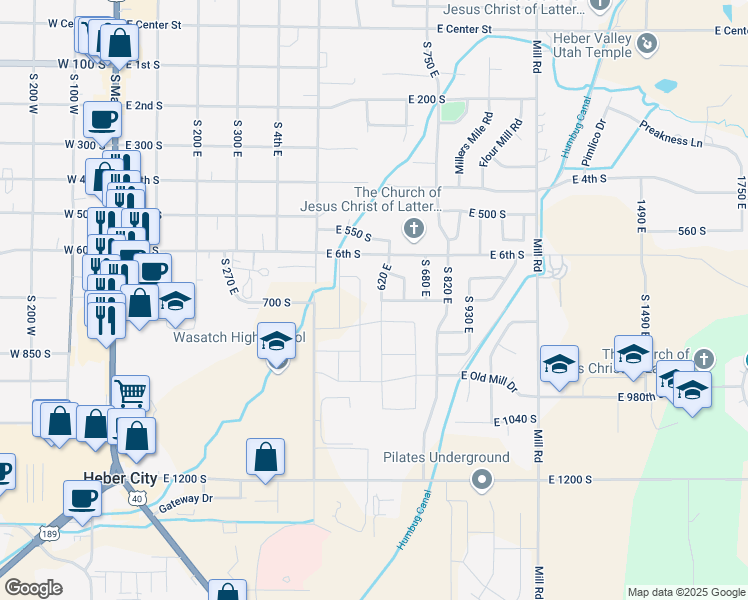 map of restaurants, bars, coffee shops, grocery stores, and more near 676 South 620 East in Heber City