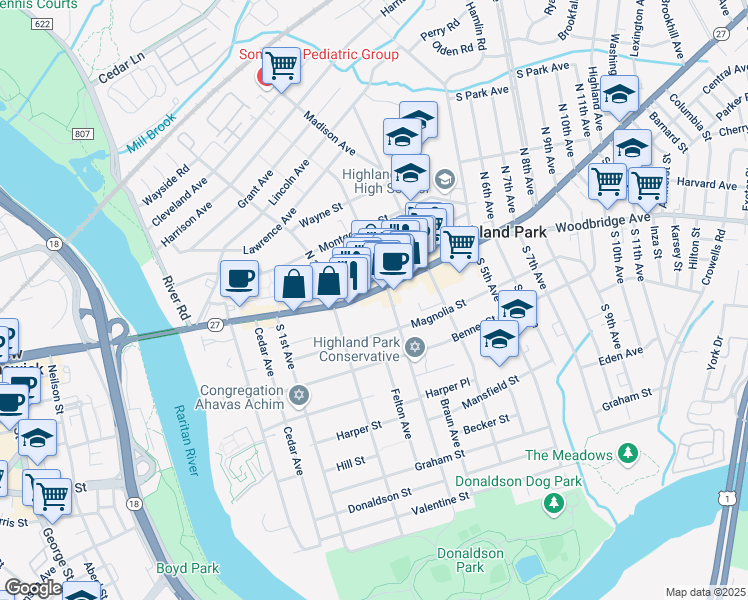 map of restaurants, bars, coffee shops, grocery stores, and more near 234 Raritan Avenue in Highland Park