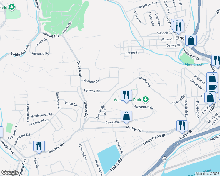 map of restaurants, bars, coffee shops, grocery stores, and more near 96 Fenway Rd in Pittsburgh